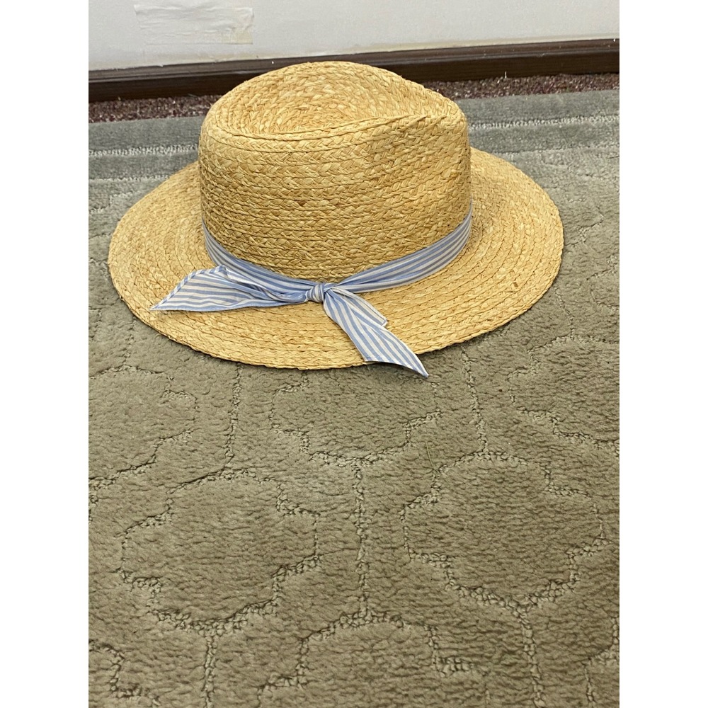 J.Crew NWT Straw Boater Hat M/L Blue Striped Ribbon Coastal Preppy Summer